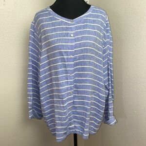 C&C California Women's XL Blouse‎ Blue & White Striped Casual Breathable Linen